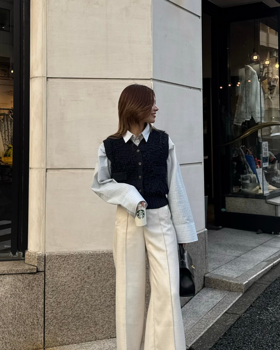 【SET】loop yarn knit gilet + shirring wide sleeve shirt