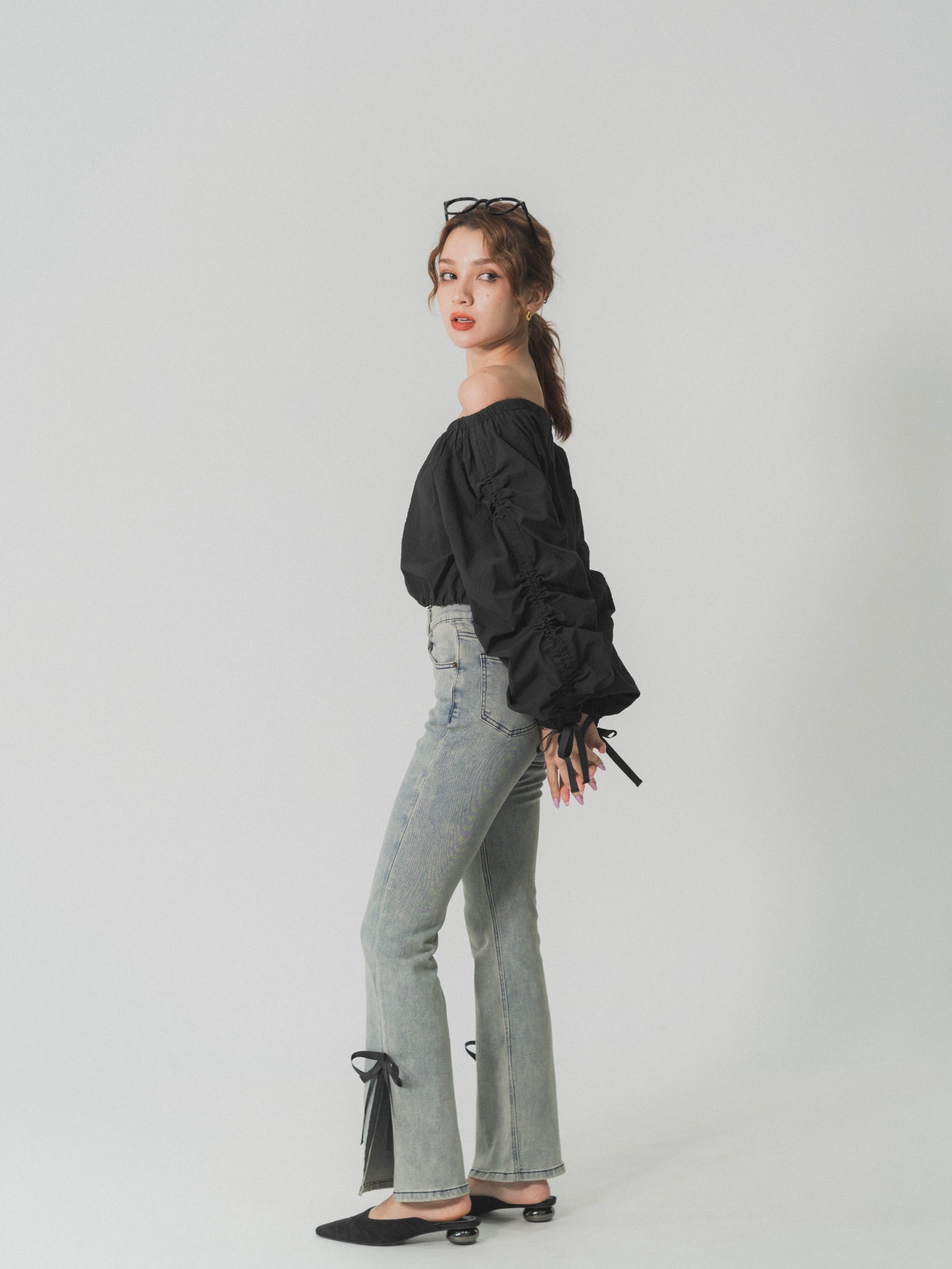 side slit denim ribbon pants