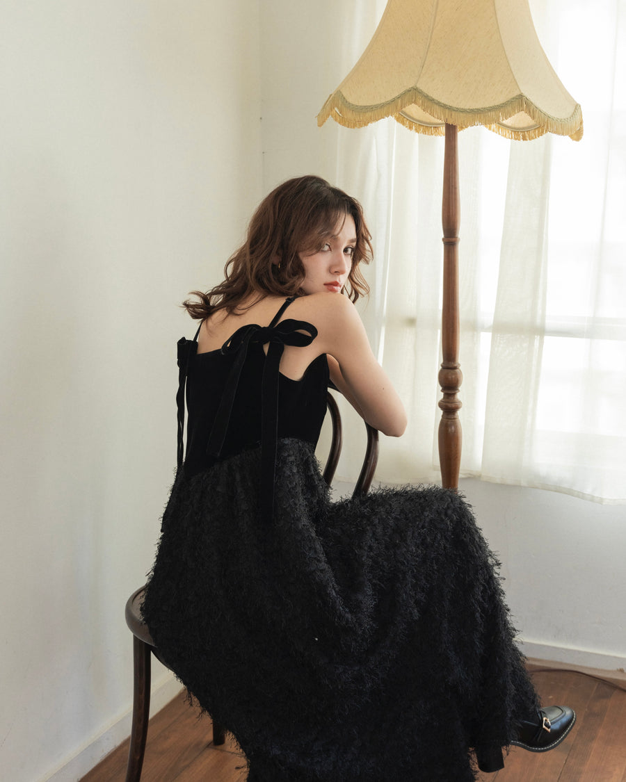 back ribbon fringe jacquard dress
