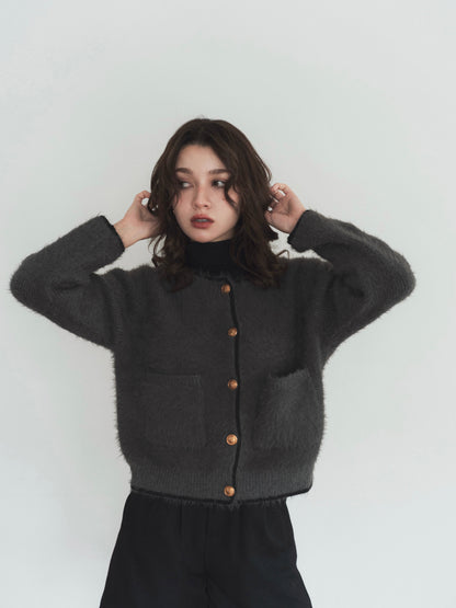 shaggy knit no collar jacket