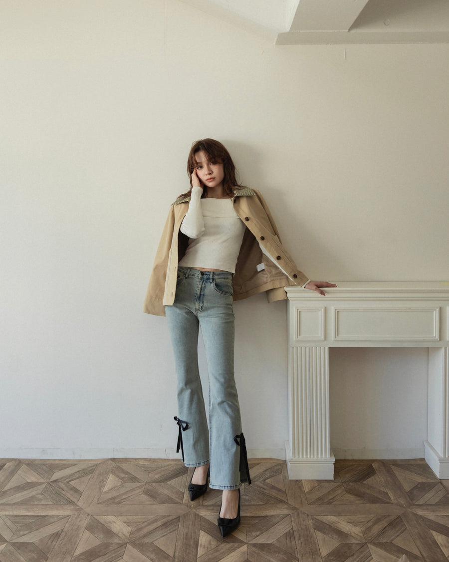 【BEST SELLER】side slit denim ribbon pants