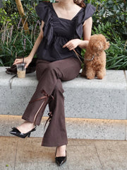 side slit denim ribbon pants
