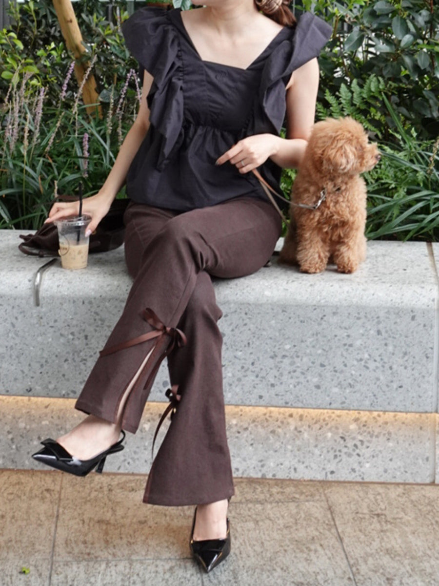 side slit denim ribbon pants