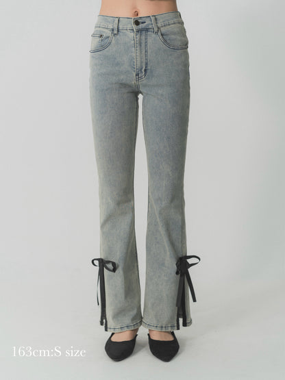 side slit denim ribbon pants