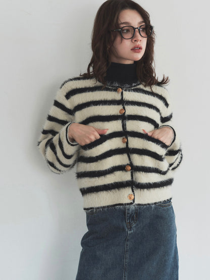 shaggy knit no collar jacket