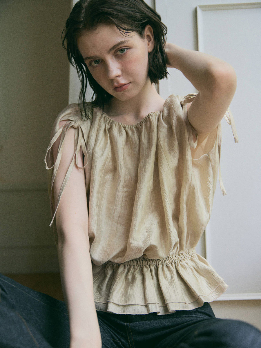 【8/6 OPEN】Crinkle gather ribbon blouse