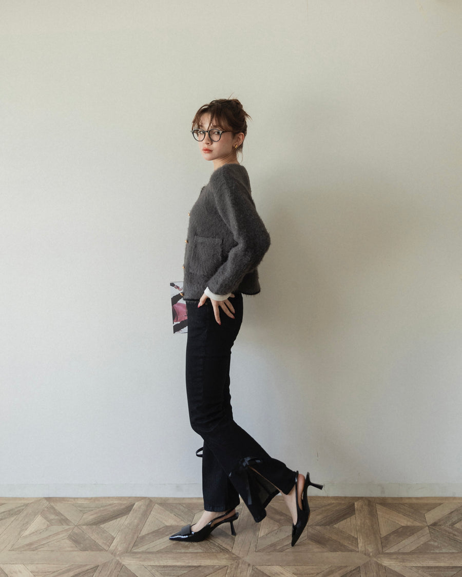 【BEST SELLER】side slit denim ribbon pants