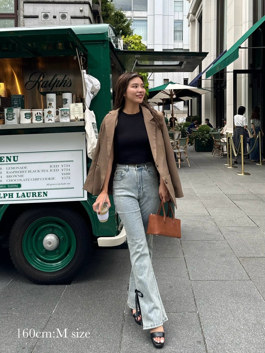 【BEST SELLER】side slit denim ribbon pants