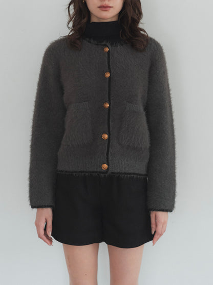 shaggy knit no collar jacket