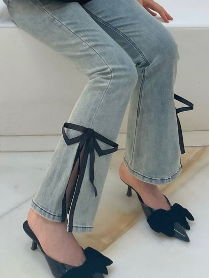 side slit denim ribbon pants