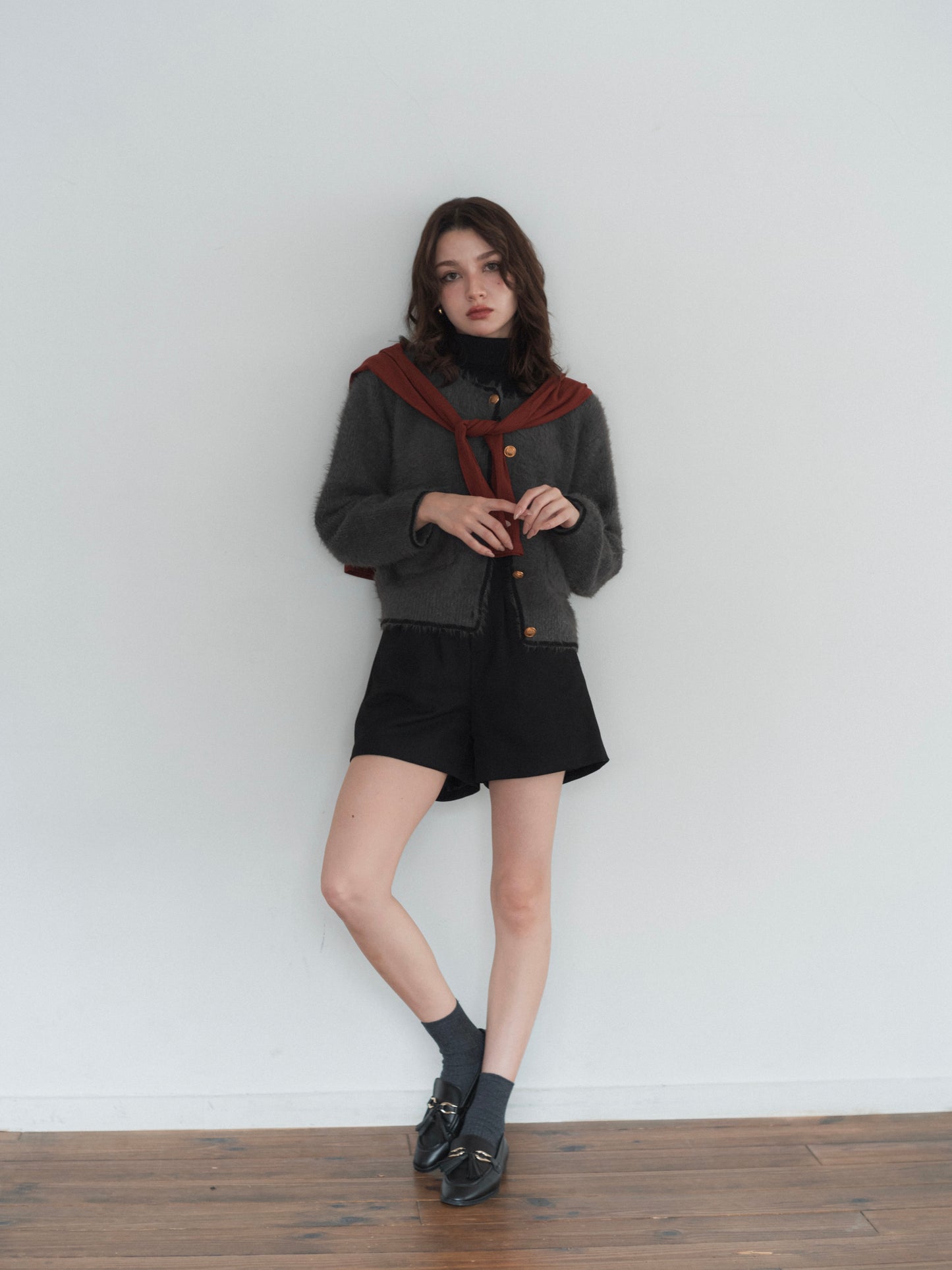 shaggy knit no collar jacket