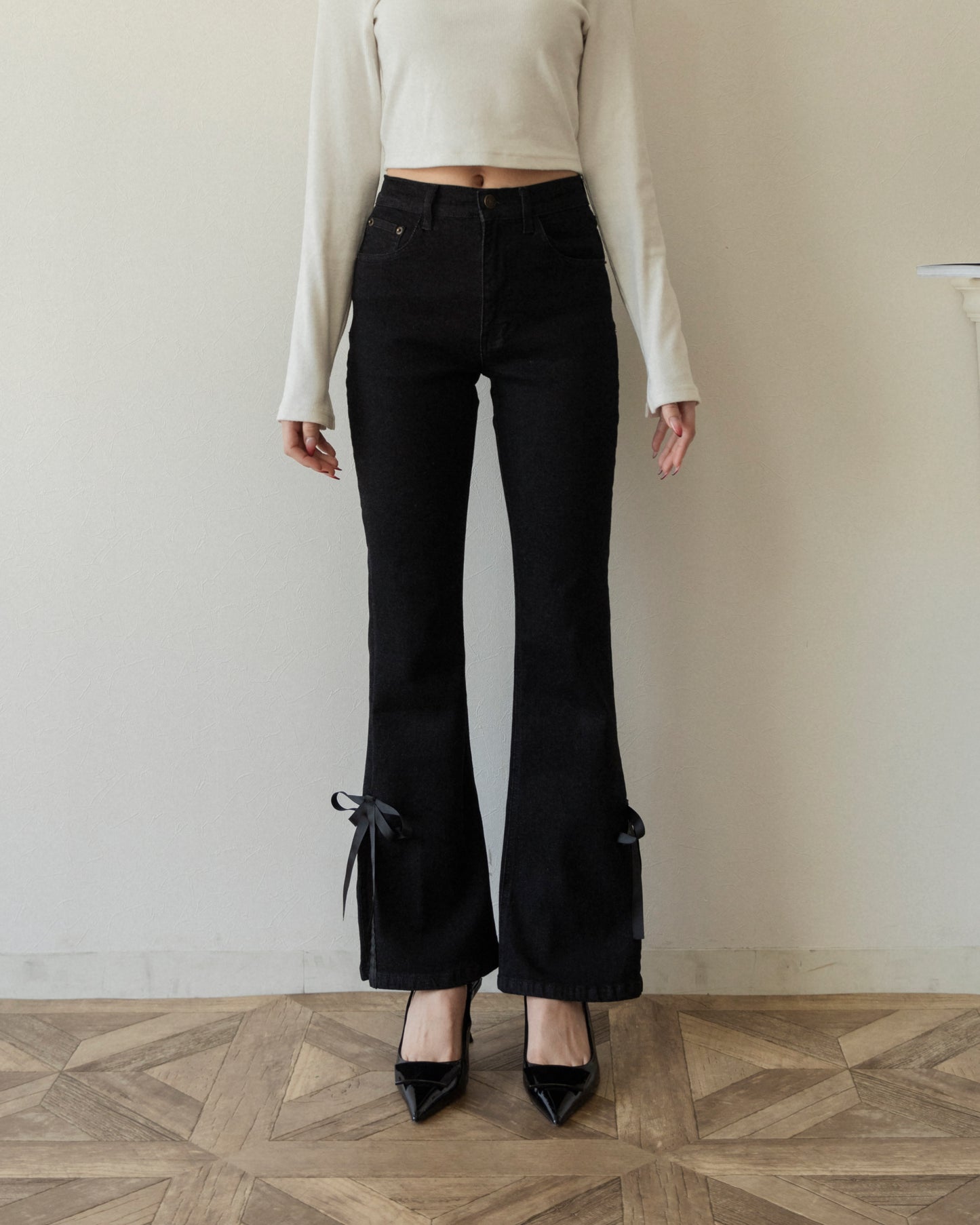 side slit denim ribbon pants