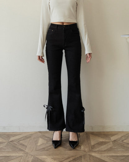 side slit denim ribbon pants