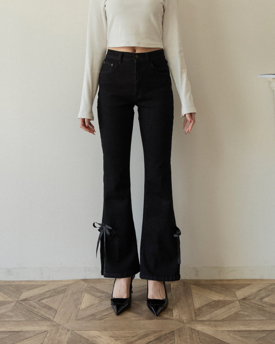 【BEST SELLER】side slit denim ribbon pants