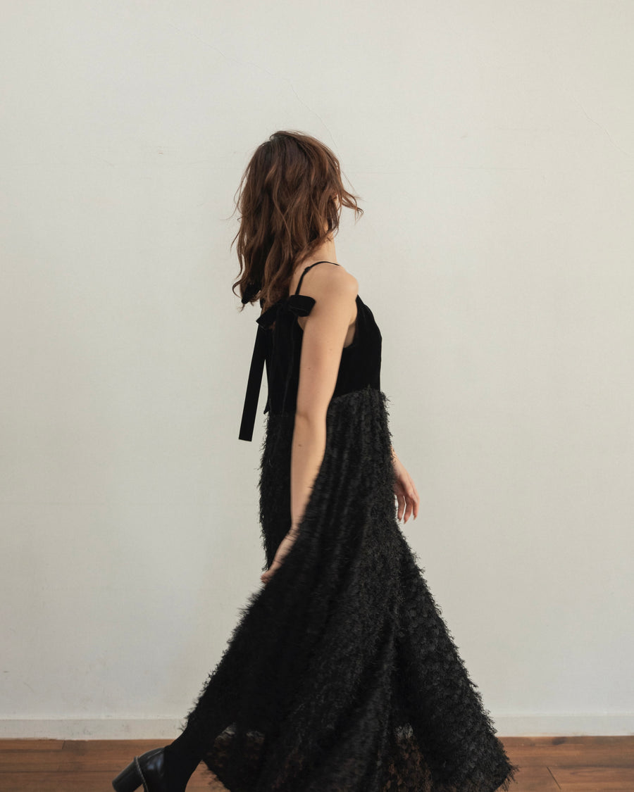 back ribbon fringe jacquard dress