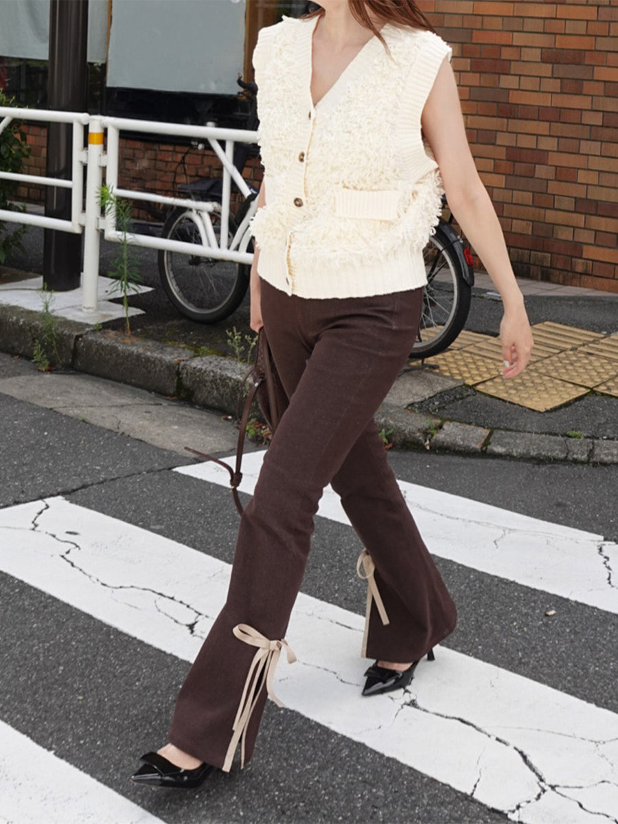 side slit denim ribbon pants