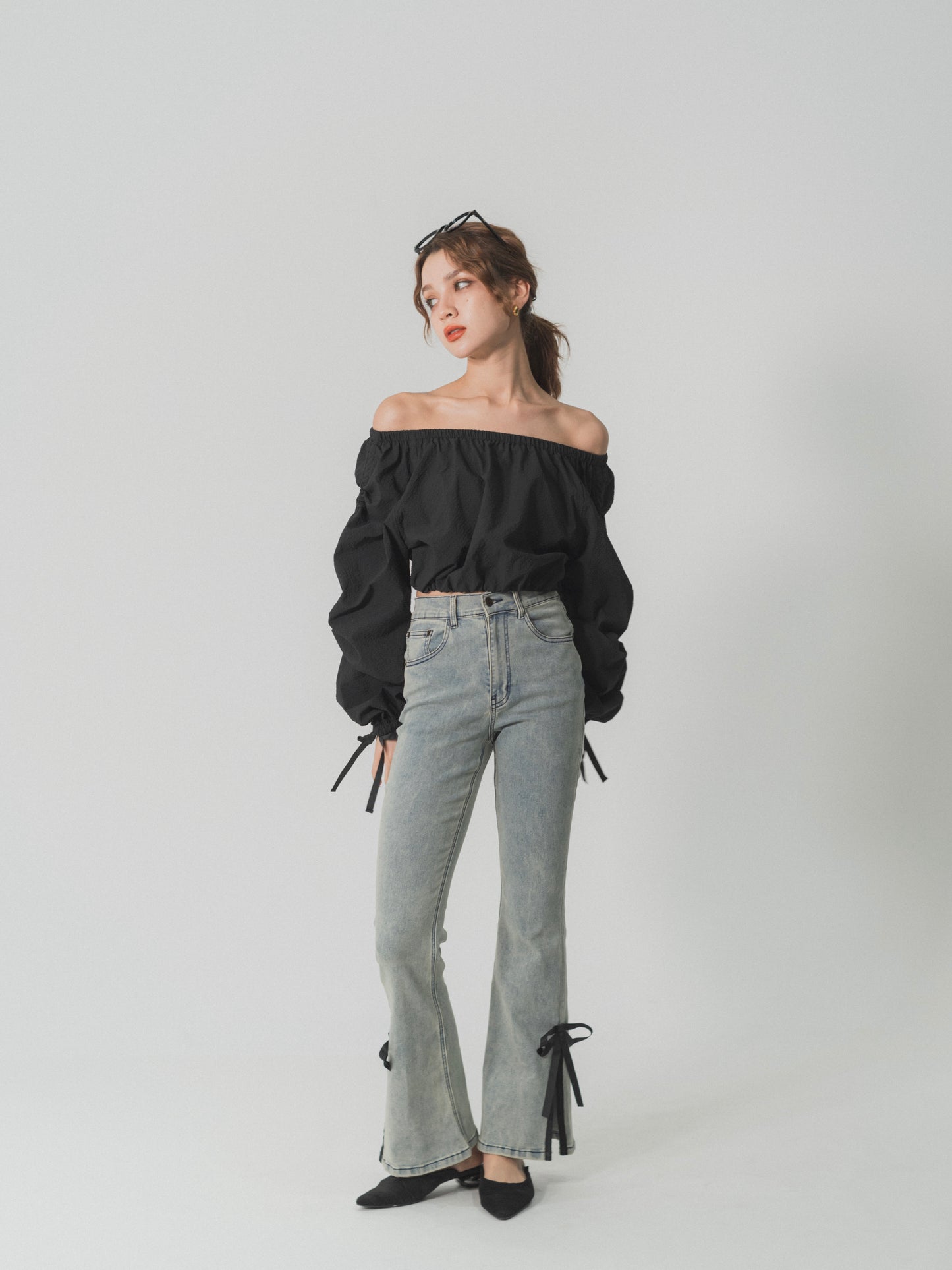 side slit denim ribbon pants