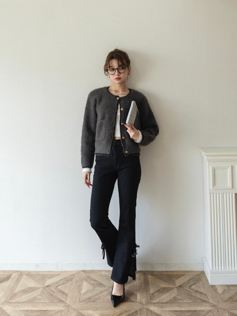 【BEST SELLER】side slit denim ribbon pants
