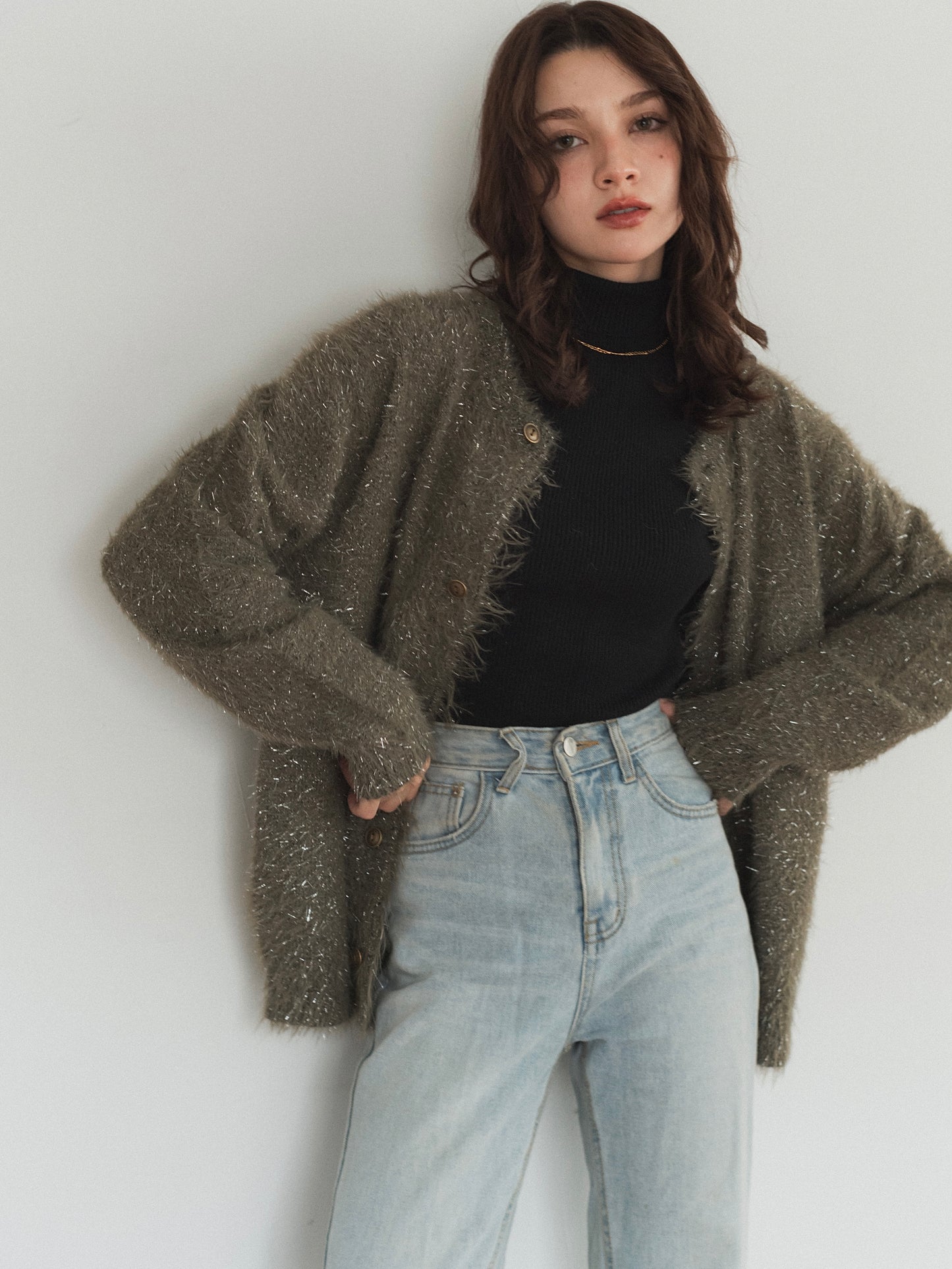 glitter shaggy over cardigan