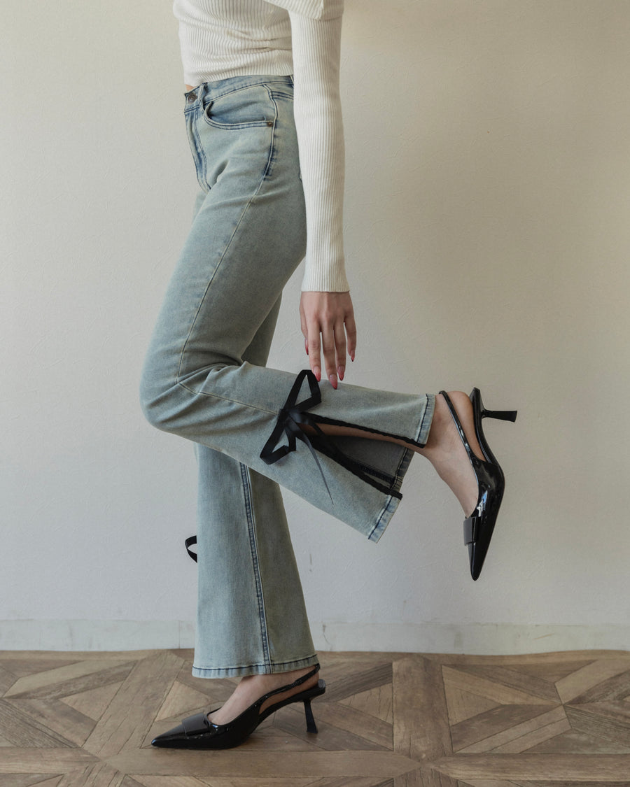 【BEST SELLER】side slit denim ribbon pants