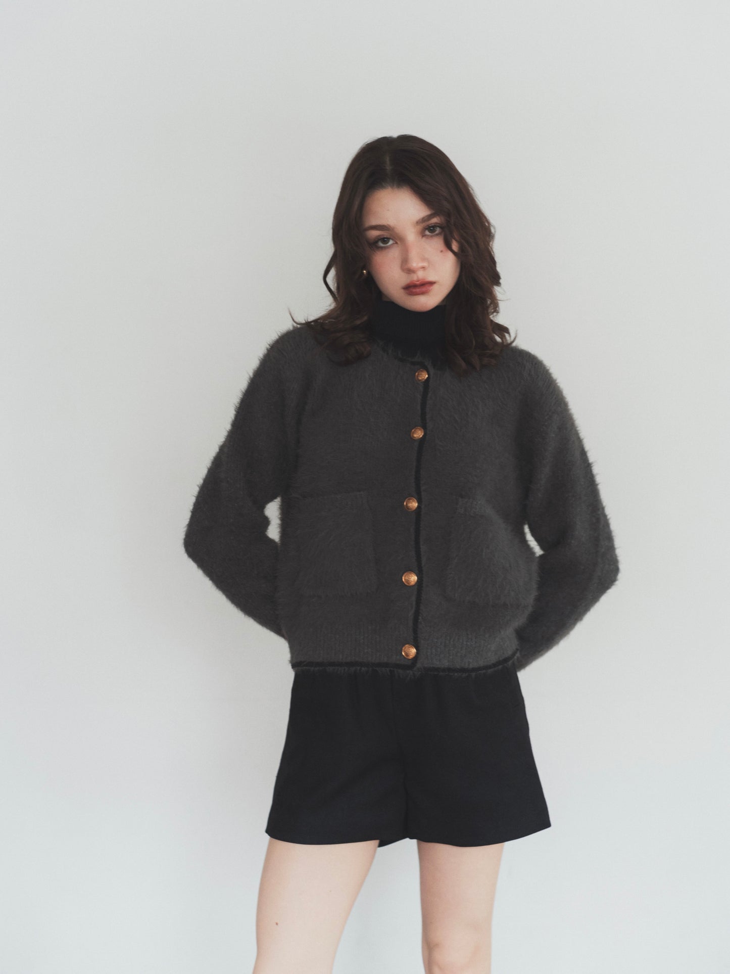 shaggy knit no collar jacket