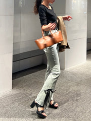 【BEST SELLER】side slit denim ribbon pants