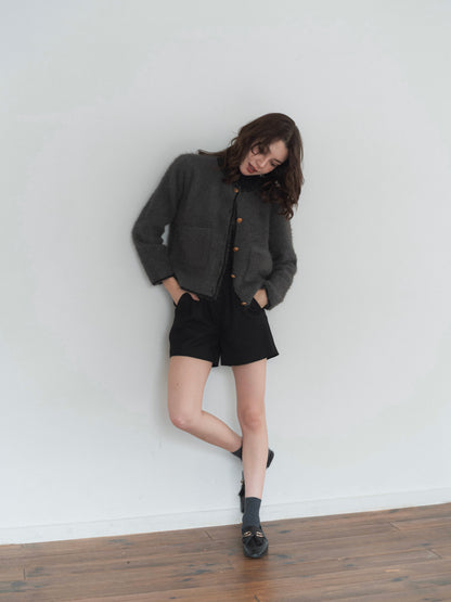 shaggy knit no collar jacket