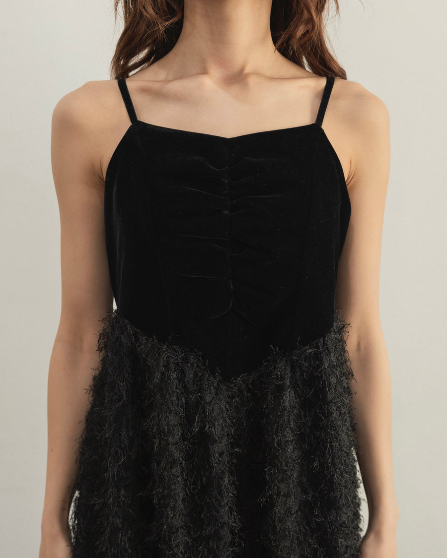 back ribbon fringe jacquard dress