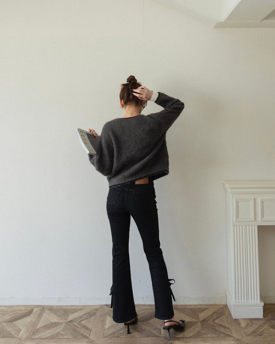 【BEST SELLER】side slit denim ribbon pants