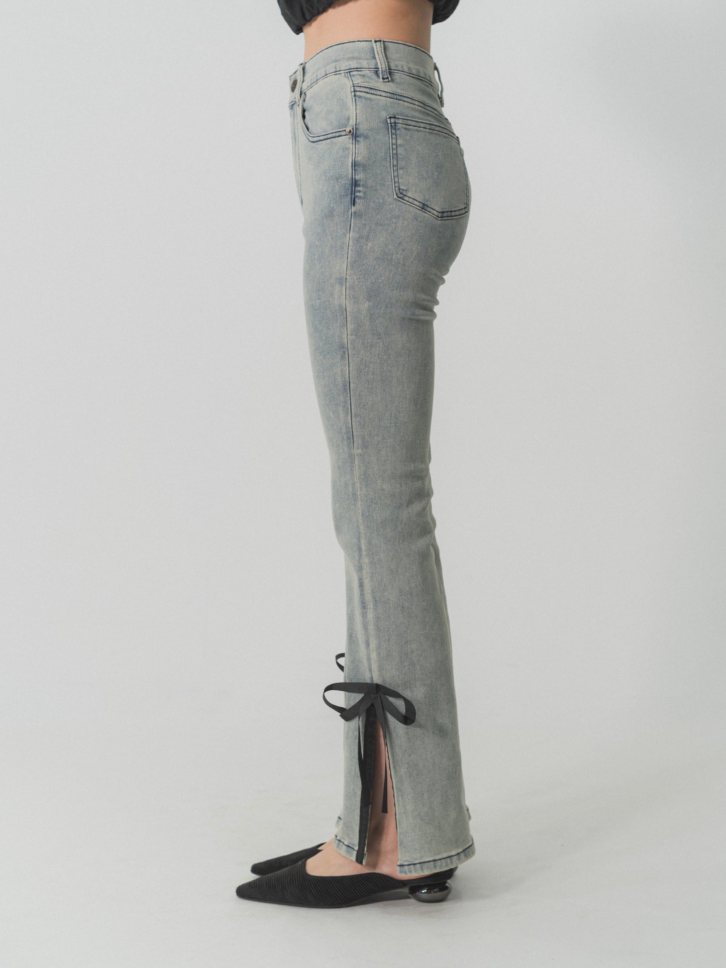 side slit denim ribbon pants