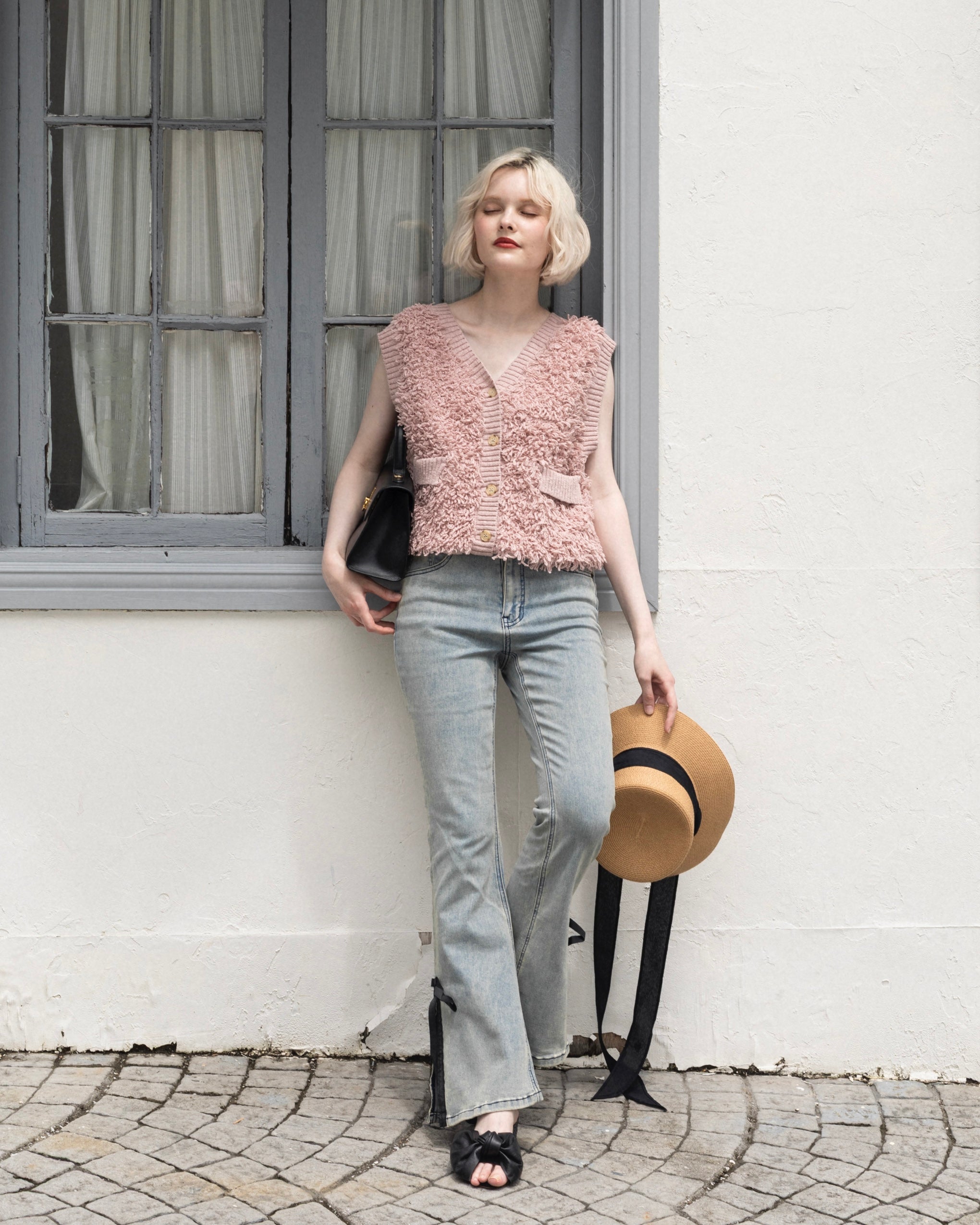【RANCLIC】 side slit denim ribbon pants RANCLIC side slit denim ribbon pants