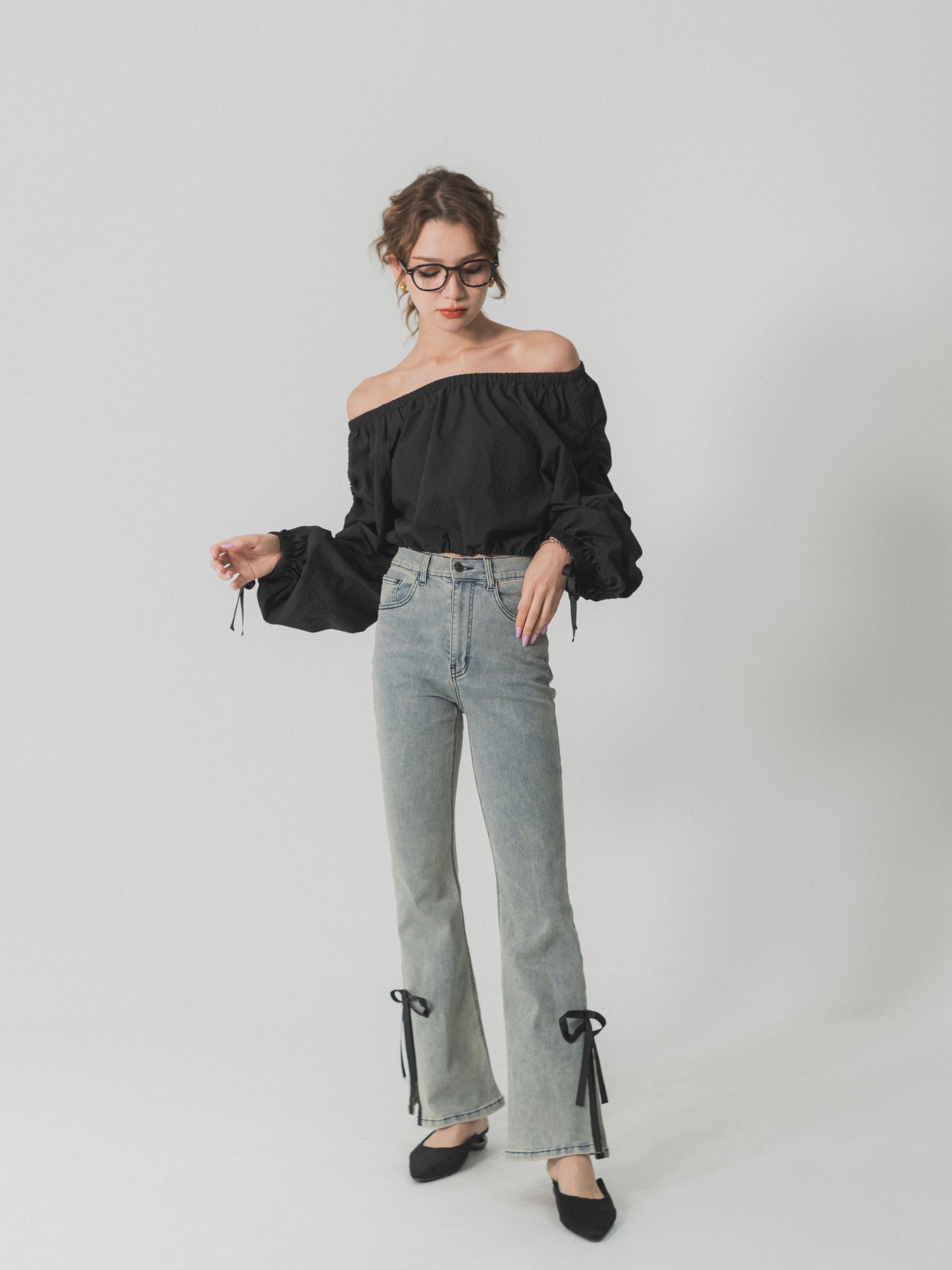 side slit denim ribbon pants