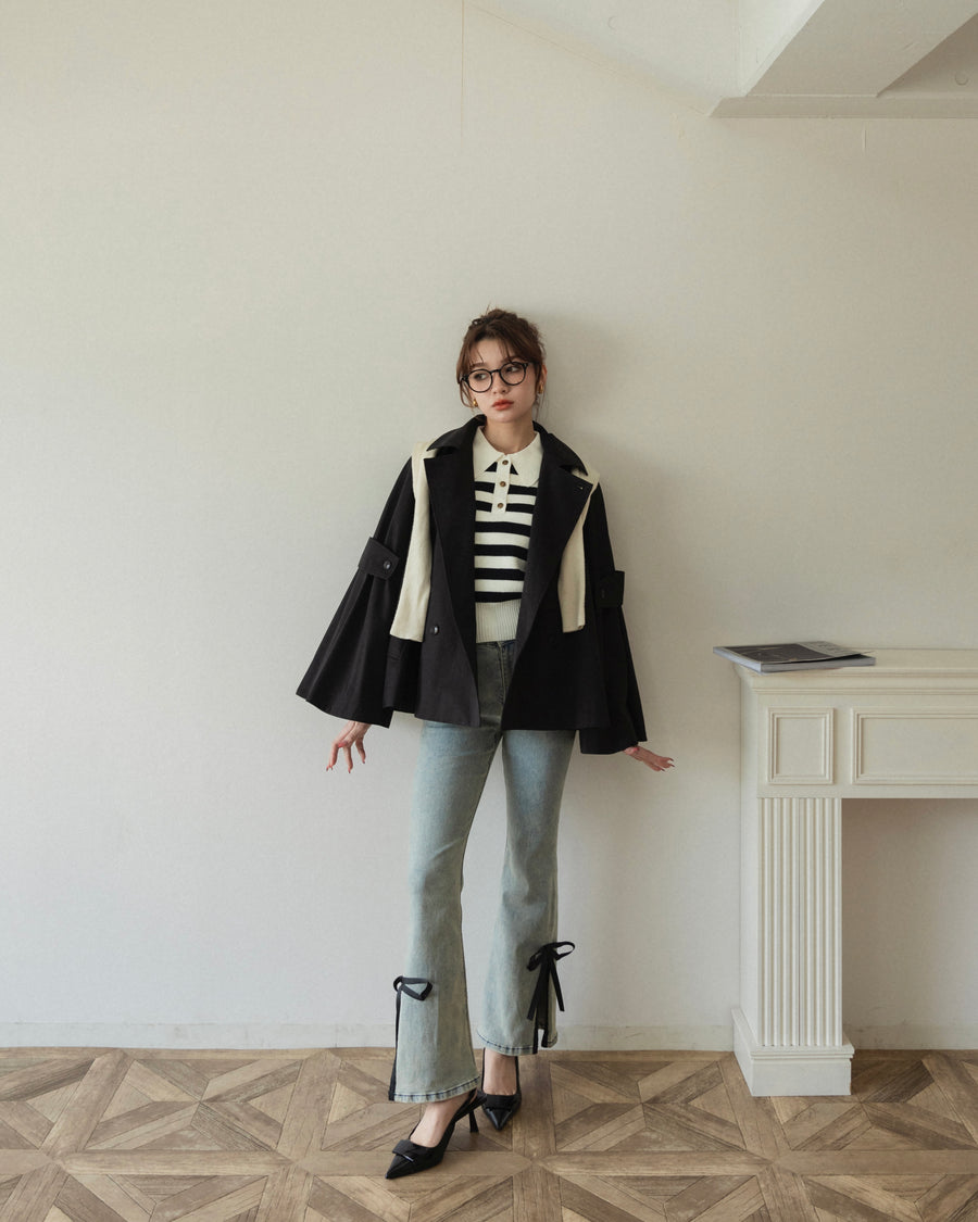 【BEST SELLER】side slit denim ribbon pants