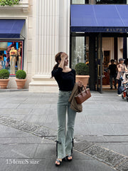 【BEST SELLER】side slit denim ribbon pants