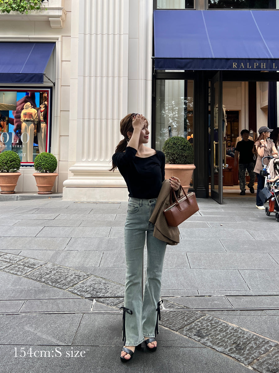 【BEST SELLER】side slit denim ribbon pants