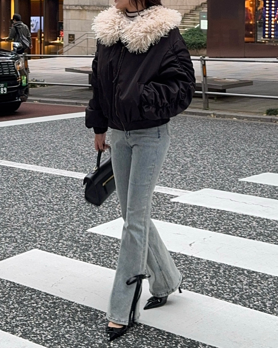 【BEST SELLER】side slit denim ribbon pants