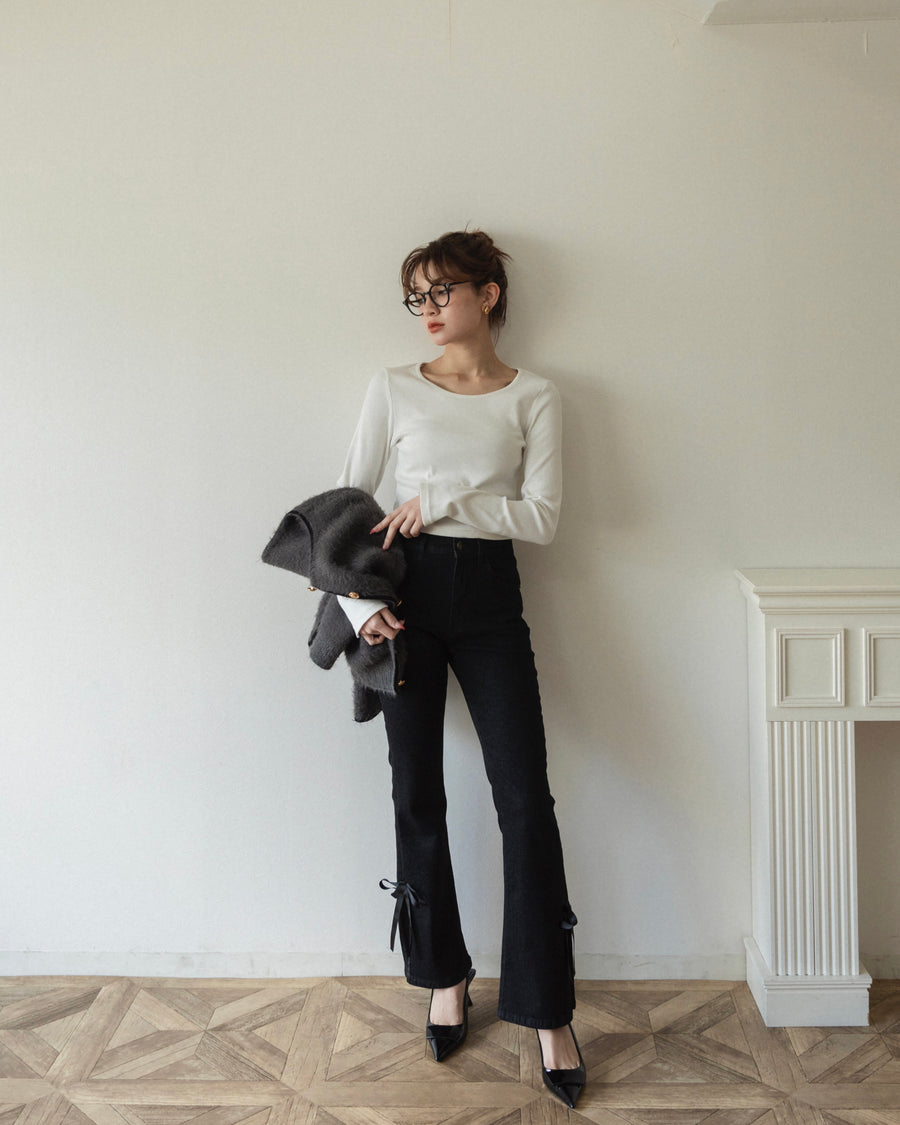 【BEST SELLER】side slit denim ribbon pants