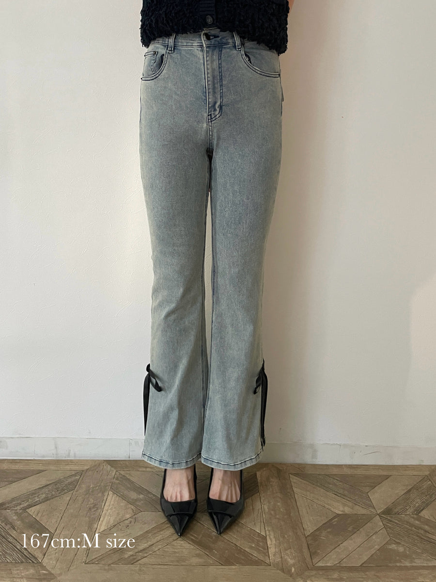 【BEST SELLER】side slit denim ribbon pants