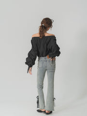 【BEST SELLER】side slit denim ribbon pants