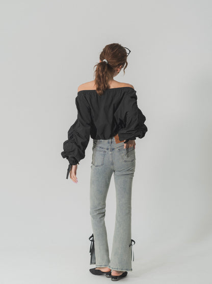 side slit denim ribbon pants