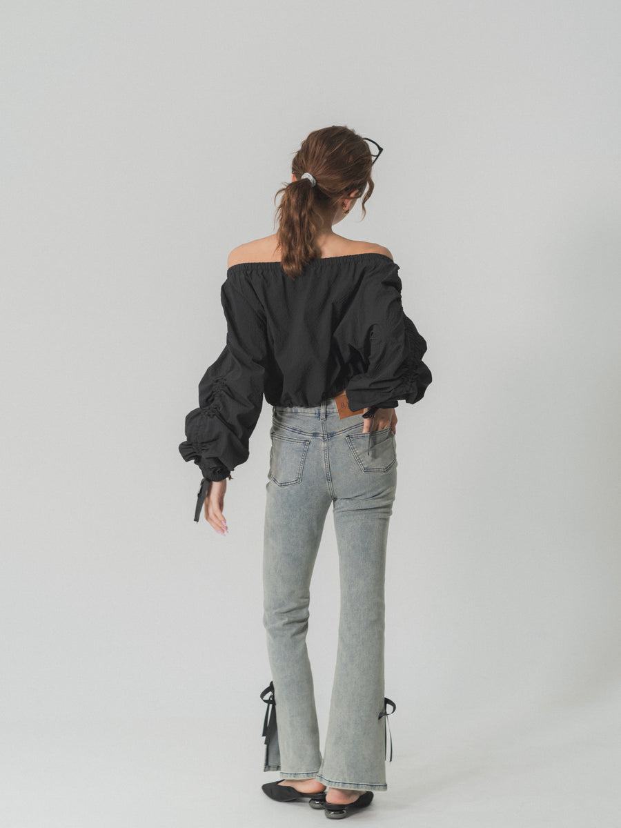 【BEST SELLER】side slit denim ribbon pants