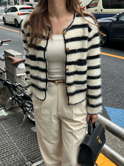 shaggy knit no collar jacket