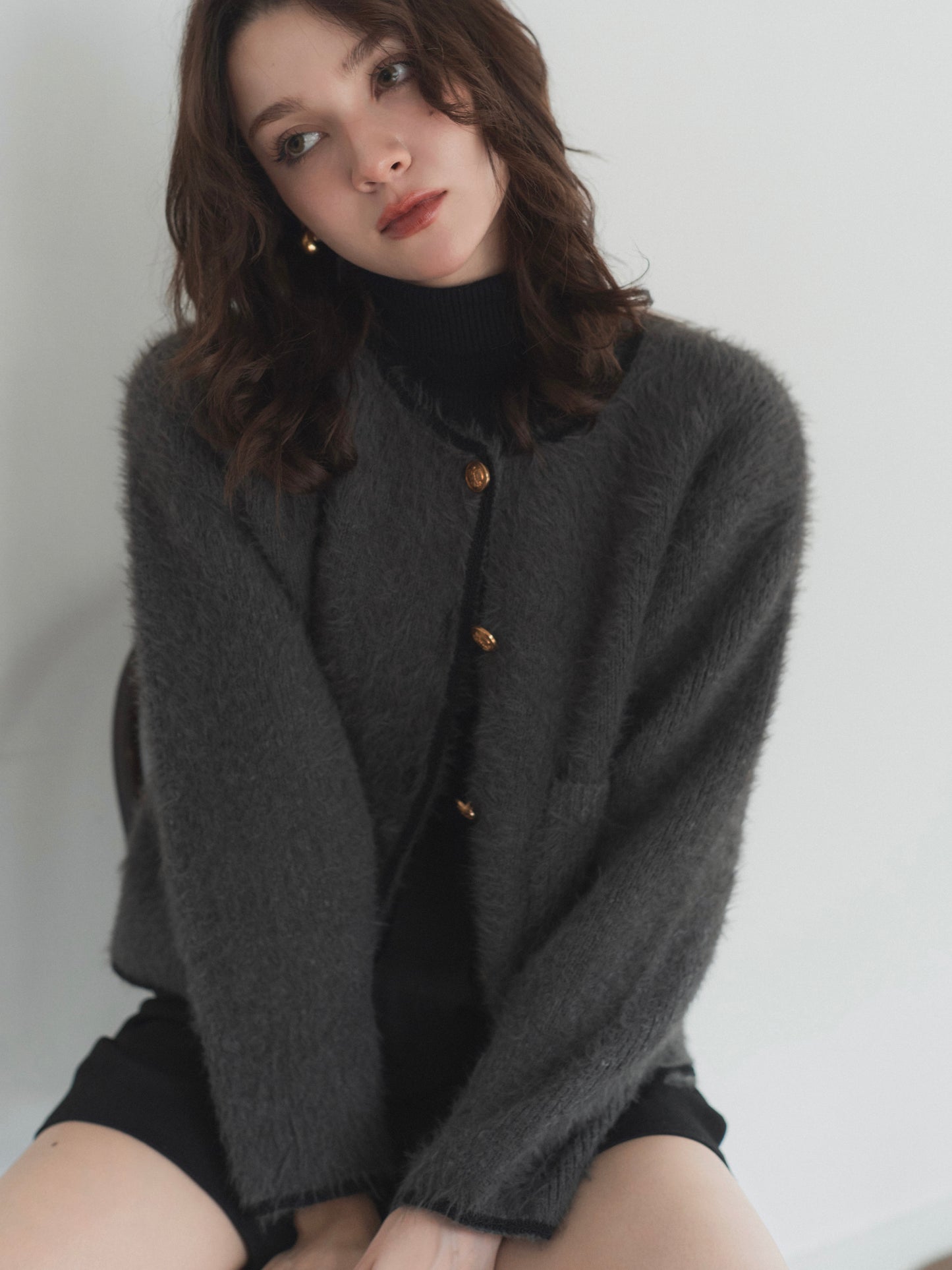 shaggy knit no collar jacket