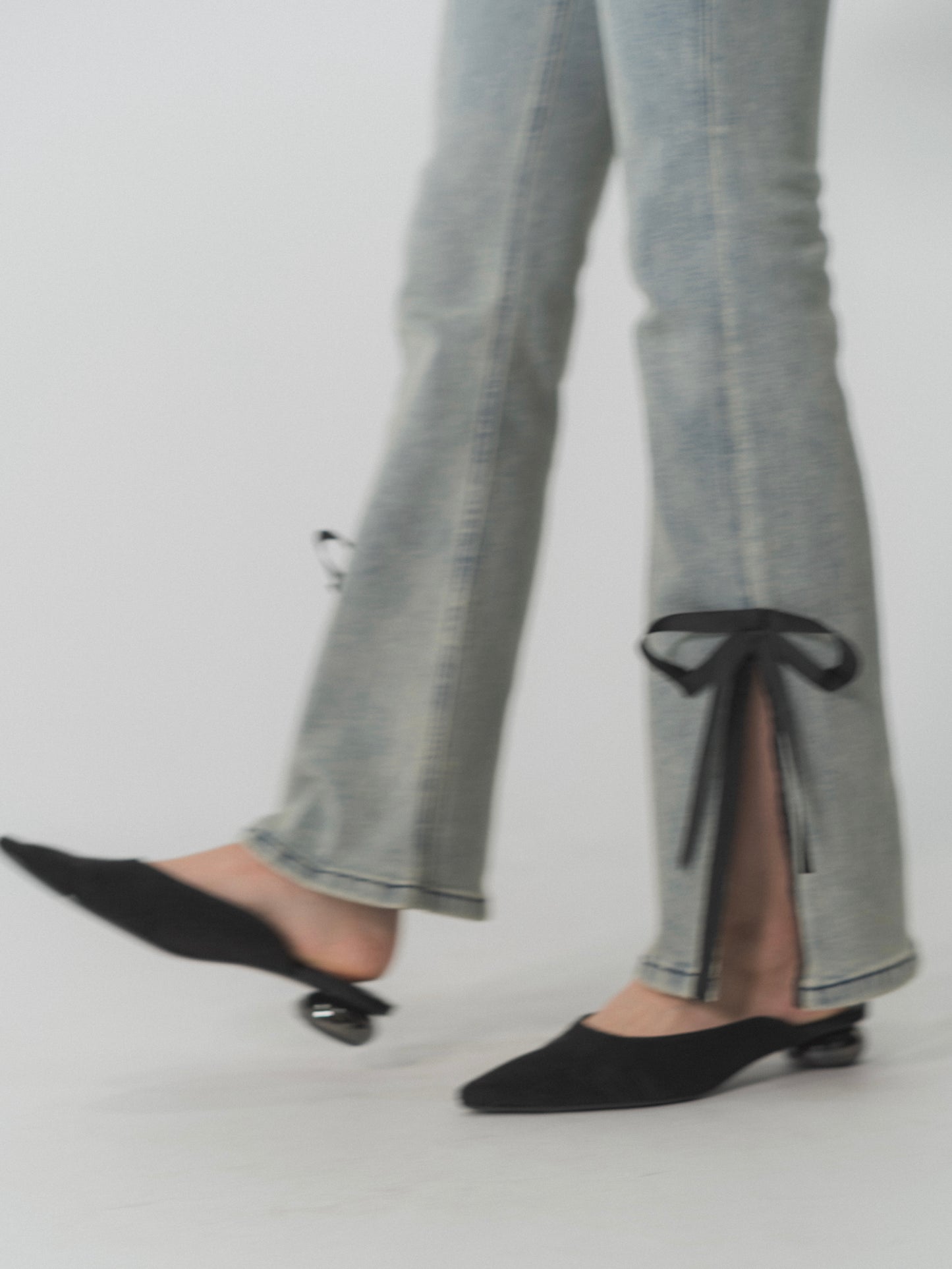 side slit denim ribbon pants