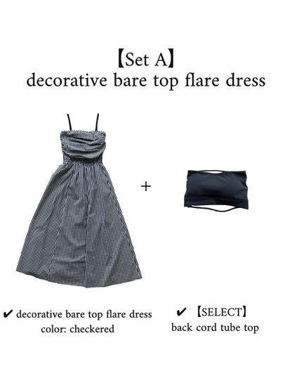 【SET】decorative bare top flare dress