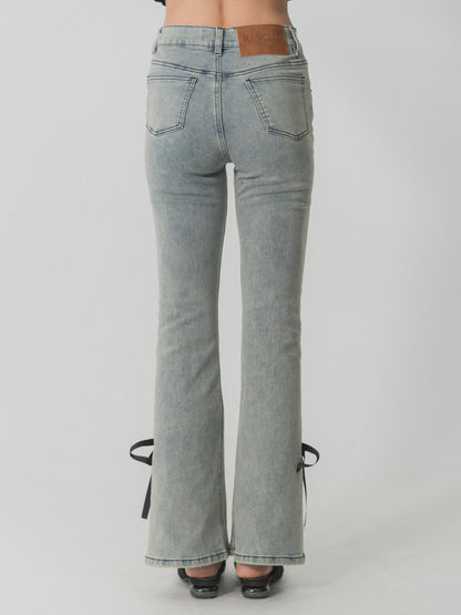 side slit denim ribbon pants