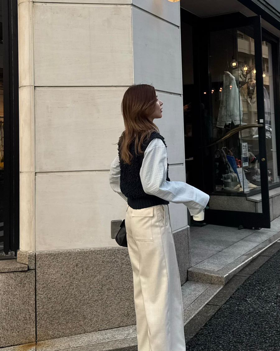 【SET】loop yarn knit gilet + shirring wide sleeve shirt
