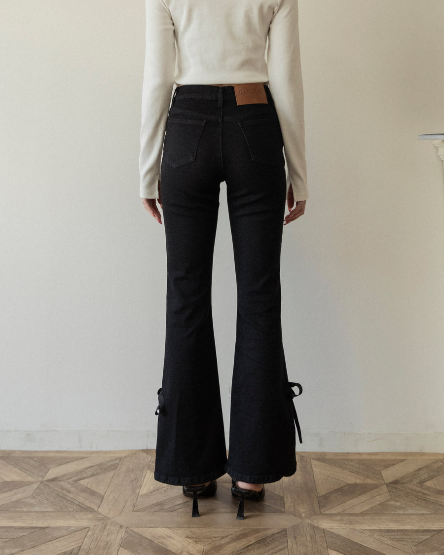 【BEST SELLER】side slit denim ribbon pants