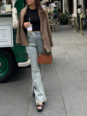 【BEST SELLER】side slit denim ribbon pants