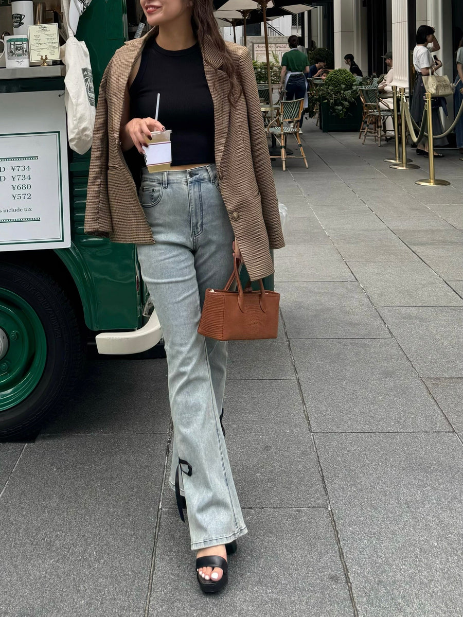【BEST SELLER】side slit denim ribbon pants